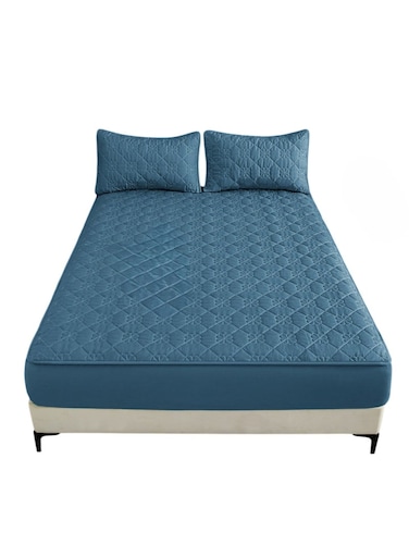 Waterproof Fitted Bedding Topper Set 150 x 200 cm - Blue Protect Your Mattress and Pillows Includes 2 Pillowcases