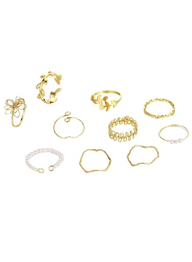 10 Pcs Gold-Tone Bohemian Leaf &amp; Pearl Ring Set