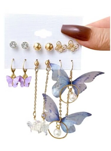 Elegant Butterfly &amp; Pearl Dangle Earrings Set 6 Pairs