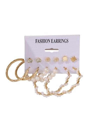 Elegant Gold Colour Tone Hoop &amp; Stud Earrings Set &ndash; 6 Pairs with Pearl &amp; Crystal Accents