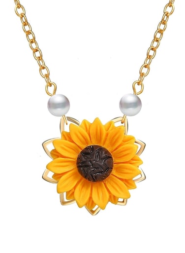 Sunflower Pendant Necklace with Pearl Accents Yellow