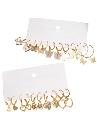 10-Pair Gold Colour Tone Dangle Hoop Earrings Set with Heart, Butterfly &amp; Floral Charms