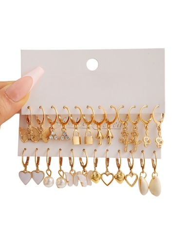 12-Pair Gold Colour Tone Dangle Hoop Earrings Set Charms, Pearls &amp; Butterflies