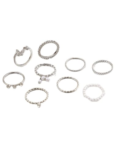 9 Pcs Elegant Silver Ring Set Alloy, Crystal &amp; Pearl