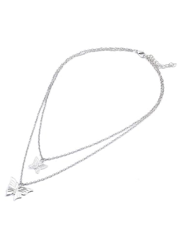 Elegant Double-Layered Butterfly and Lock Pendant Necklace Silver