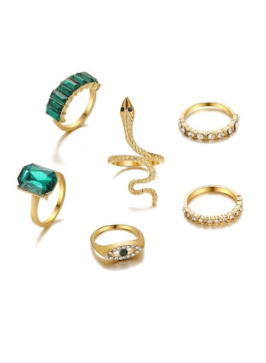 Elegant Gold Colour Plated Alloy and Crystal Ring Set (6 Pieces)