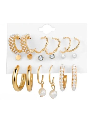 Elegant Gold Colour Tone Alloy, Crystal &amp; Pearl Earrings Set 9 Pairs