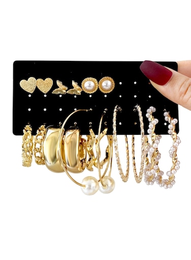 Elegant Gold Colour Tone Hoop &amp; Stud Earrings Set 9 Pairs with Pearl &amp; Textured Designs