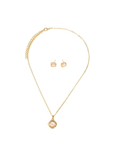Gold Color Tone Pearl Pendant Necklace and Earring Set