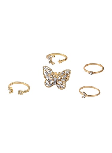 Gold Colour Plated Butterfly &amp; Moon Crystal Ring Set 5 Pcs