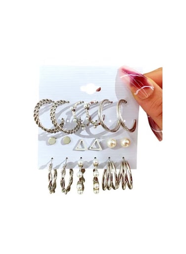 Stylish Silver-Tone Hoop &amp; Stud Earrings Set &ndash; 9 Pairs with Pearl Accents