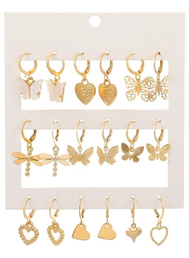 Elegant Gold Colour Tone Dangle Earrings Set - 9 Pairs with Butterfly &amp; Heart Motifs