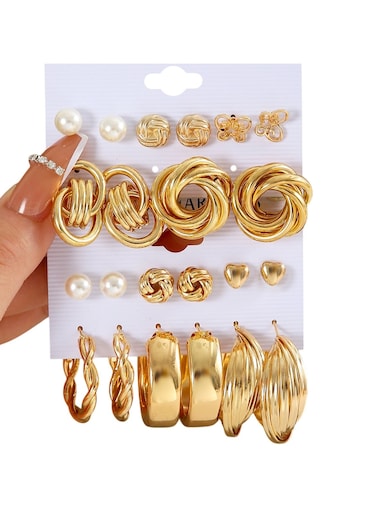 11 Pairs Gold Colour Tone Stud &amp; Hoop Earrings Set Elegant Jewelry Collection