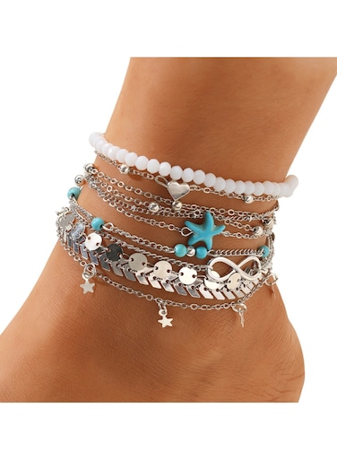 11-Piece Silver Starfish Anklet Set Beach-Inspired Foot Jewelry