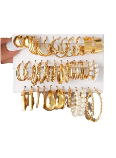 18-Pair Gold Colour Tone Hoop Earrings Set Assorted Sizes &amp; Designs