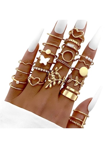 Gold Colour Multi-Style Finger Ring Set for Women