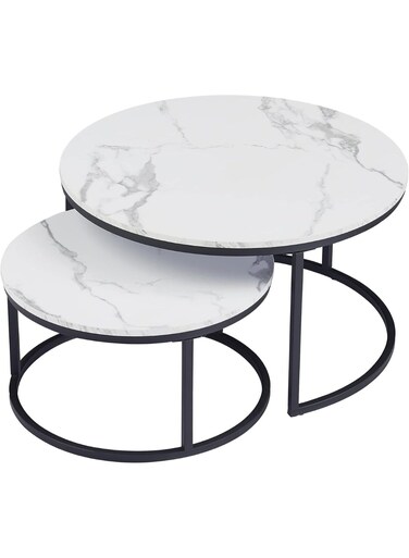 Round Coffee Table with Marble Pattern Top &amp; Adjustable Non-Slip Feet &ndash; Industrial Side Table (White + Black, 27.6 in)
