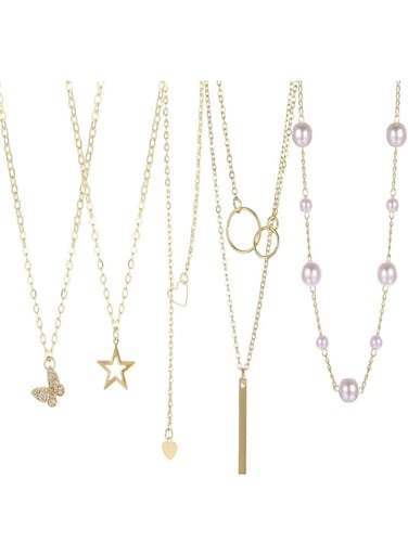5-Piece Gold Color Necklace Set for Women Butterfly, Star, Heart, Bar &amp; Pearl Chain Designs