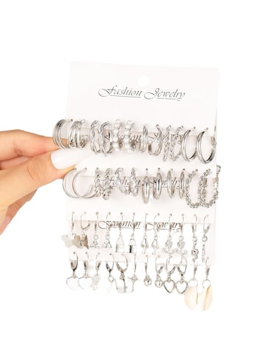 Elegant 24 Pcs Silver Hoop &amp; Charm Earring Set
