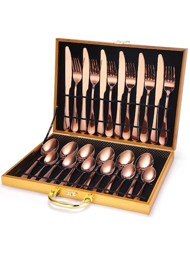 24 Pcs Stainless Steel Reusable Spoon Fork And Knives Rose Gold Color Cutlery Set
