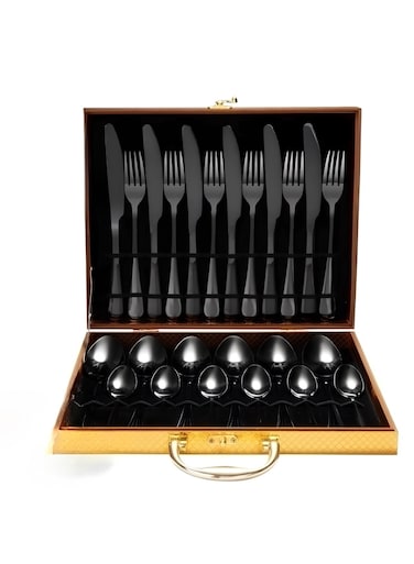 24 Pcs Stainless Steel Reusable Spoon Fork And Knives Black Color Cutlery Set
