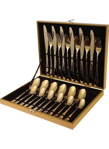 24 Pcs Stainless Steel Reusable Spoon Fork And Knives Gold Color Cutlery Set

