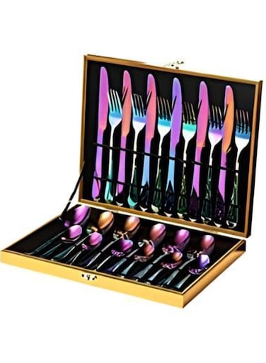 24 Pcs Stainless Steel Reusable Spoon Fork And Knives Rainbow Color Cutlery Set
