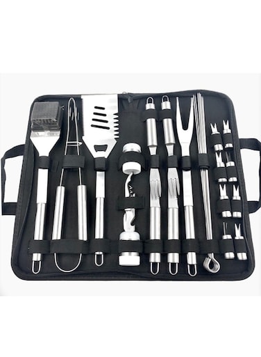 29-Piece Stainless Steel BBQ Accessories Set with Storage Bag Black