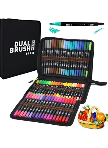 60 Pcs Dual Brush Pens Set with Zipper Case for Drawing and Coloring