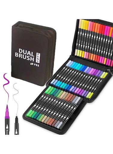 48 Pcs Dual Brush Pens Set with Zipper Case for Drawing and Coloring