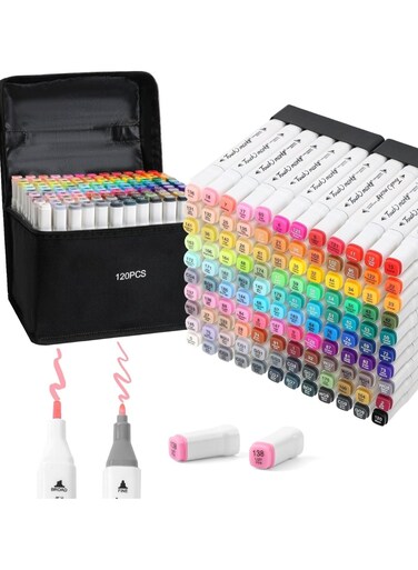 120pcs Dual Tip Markers Set, Assorted Colors Stylish White Body with Black Cloth Bag