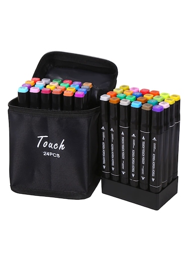 24pcs Dual Tip Markers Set, Assorted Colors Stylish Black Body with Black Cloth Bag