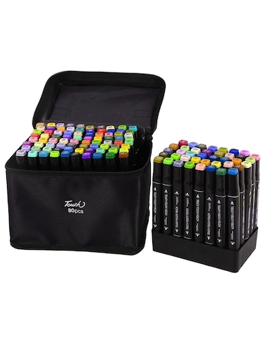 80pcs Dual Tip Markers Set, Assorted Colors Stylish Black Body with Black Cloth Bag