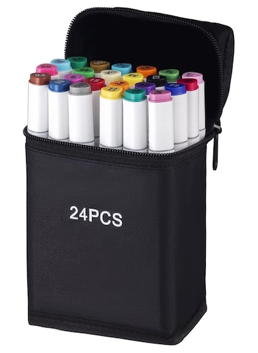 24pcs Dual Tip Markers Set, Assorted Colors Stylish White Body with Black Cloth Bag