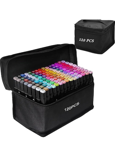 120pcs Dual Tip Markers Set, Assorted Colors Stylish Black Body with Black Cloth Bag