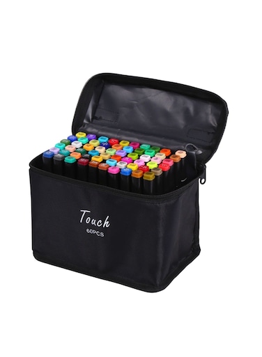 60pcs Dual Tip Markers Set, Assorted Colors Stylish Black Body with Black Cloth Bag