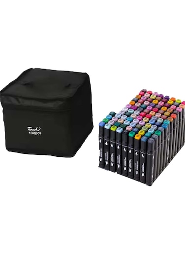 100pcs Dual Tip Markers Set, Assorted Colors Stylish Black Body with Black Cloth Bag