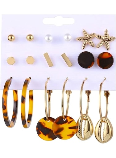 9-Pair Gold Color Earring Set for Women Alloy &amp; Resin