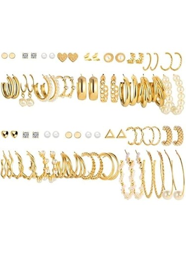 36-Pair Gold Color Earring Set for Women &ndash; Hoop, Pearl &amp; Stud Mixed