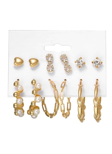 6 Pair Gold Color Earring Set for Women Pearl, Hoop &amp; Stud
