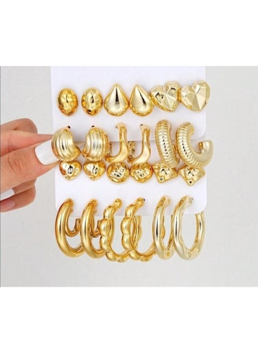 12-Piece Gold Hoop &amp; Stud Earring Set Geometric Design, Lightweight Alloy (Size: 2cm&ndash;4.4cm)