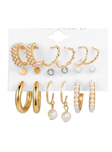 9-Pair Gold Pearl &amp; Crystal Earring Set &ndash; Alloy Material (Size: 0.6cm&ndash;3.5cm)