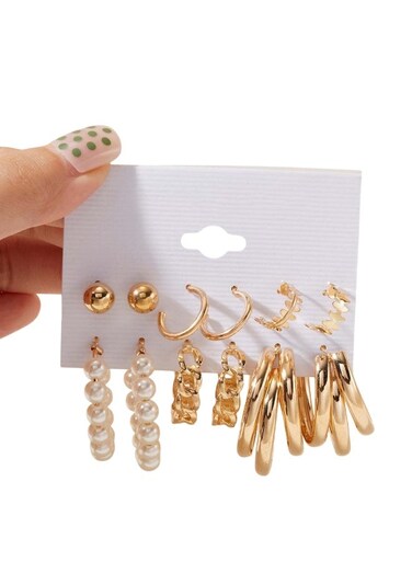 Golden Assortment Hoop &amp; Pearl Stud Earring Set (6 Pairs)