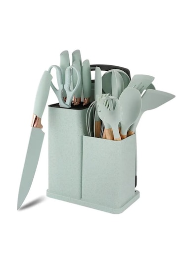 19-Piece Green Silicone Kitchen Utensil Set with Knife, Cutting Board, and Kitchen Gadgets
