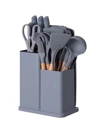 19-Piece Grey Silicone Kitchen Utensil Set with Knives, Cutting Board, and Gadgets
