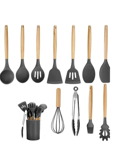 12 Pieces In 1 Set Silicone Kitchen Accessories Cooking Tools Kitchenware Silicone Utensils With Wooden Handles