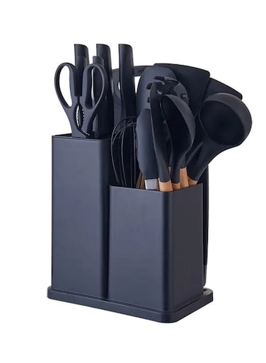 19-Piece Black / Gray Silicone Kitchen Utensil Set with Knives, Cutting Board, and Gadgets