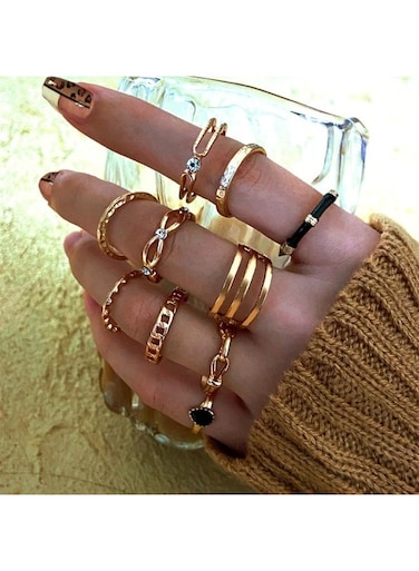 10-Piece Gold Color Fashion Ring Set for Women Trendy Mixed Designs