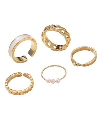 Elegant Gold Plated Pearl &amp; Chain Ring Set 5 Pcs