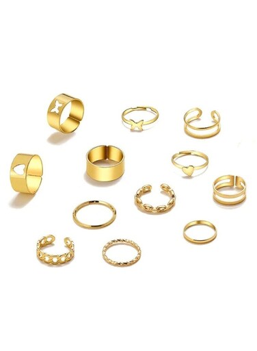 12-Piece Gold Color Adjustable Ring Set for Women &ndash; Heart, Star &amp; Minimalist Designs